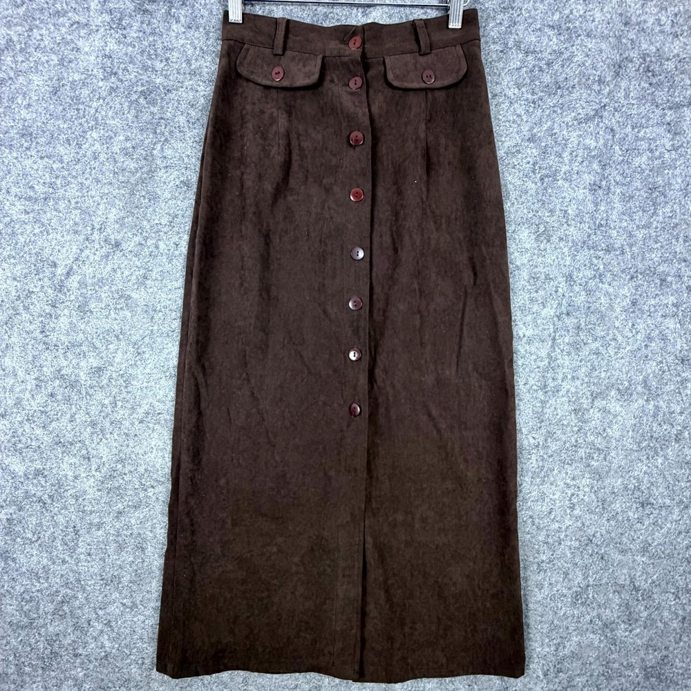 Vintage Cassis Suede A-Line Skirt Womens 38 Dark Brown Office Siren Button Front